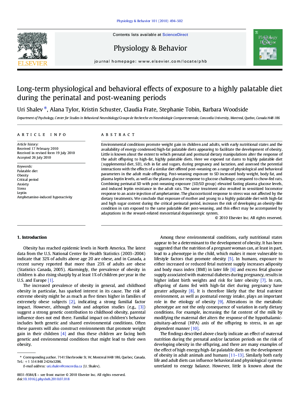 Long-term physiological and behavioral effects of exposure to a highly palatable diet during the perinatal and post-weaning periods