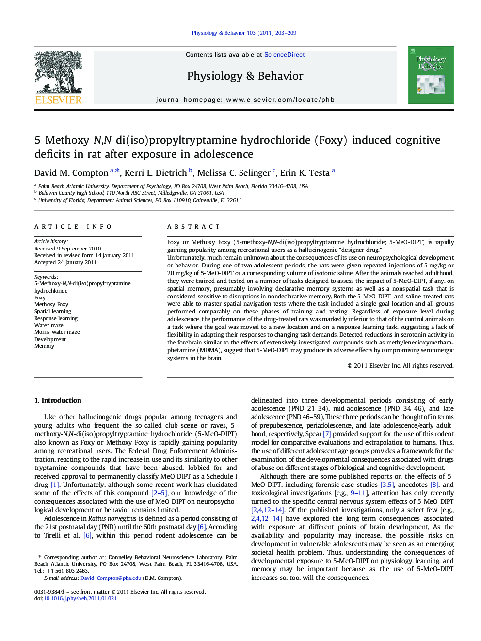 5-Methoxy-N,N-di(iso)propyltryptamine hydrochloride (Foxy)-induced cognitive deficits in rat after exposure in adolescence