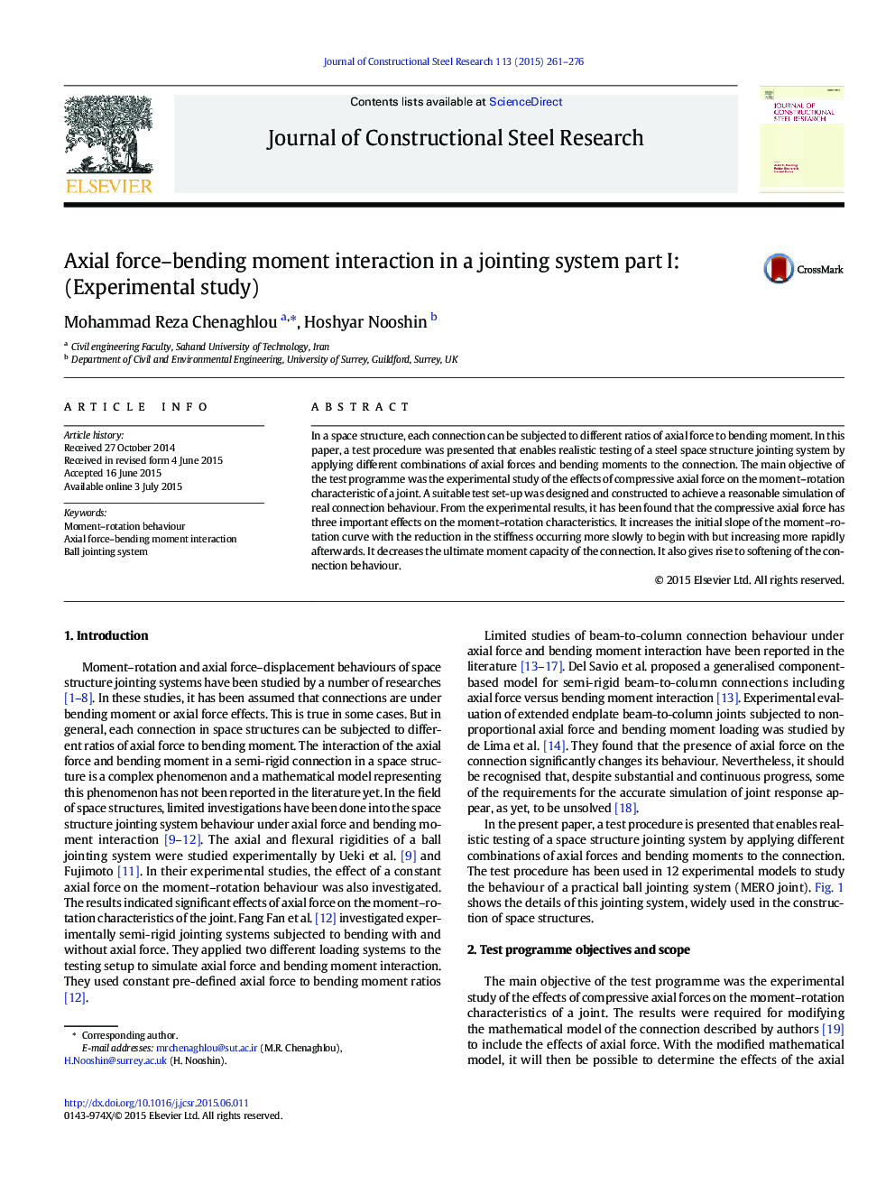 Axial force–bending moment interaction in a jointing system part I: (Experimental study)