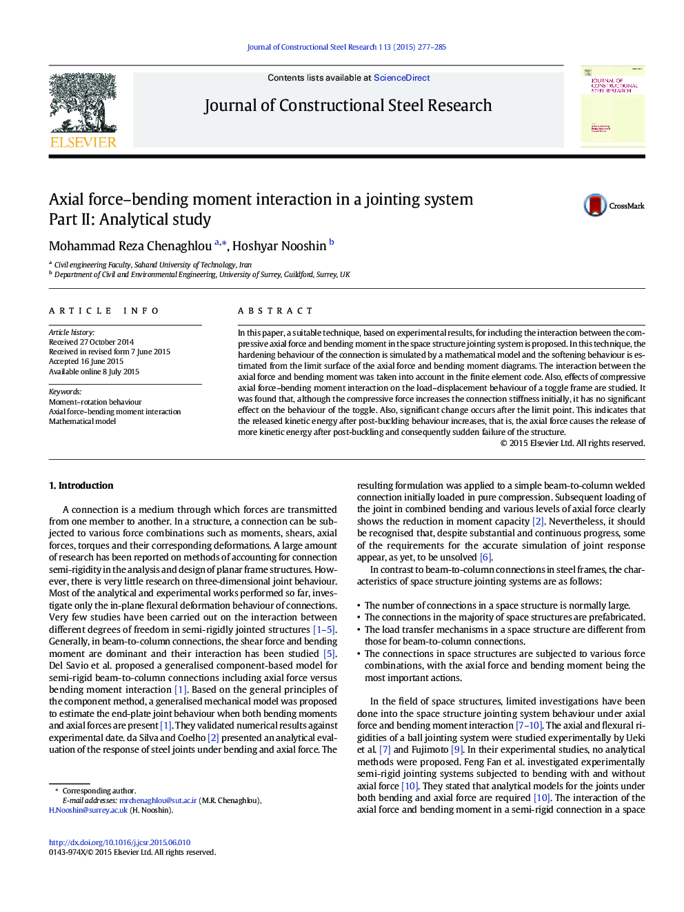 Axial force–bending moment interaction in a jointing system: Part II: Analytical study