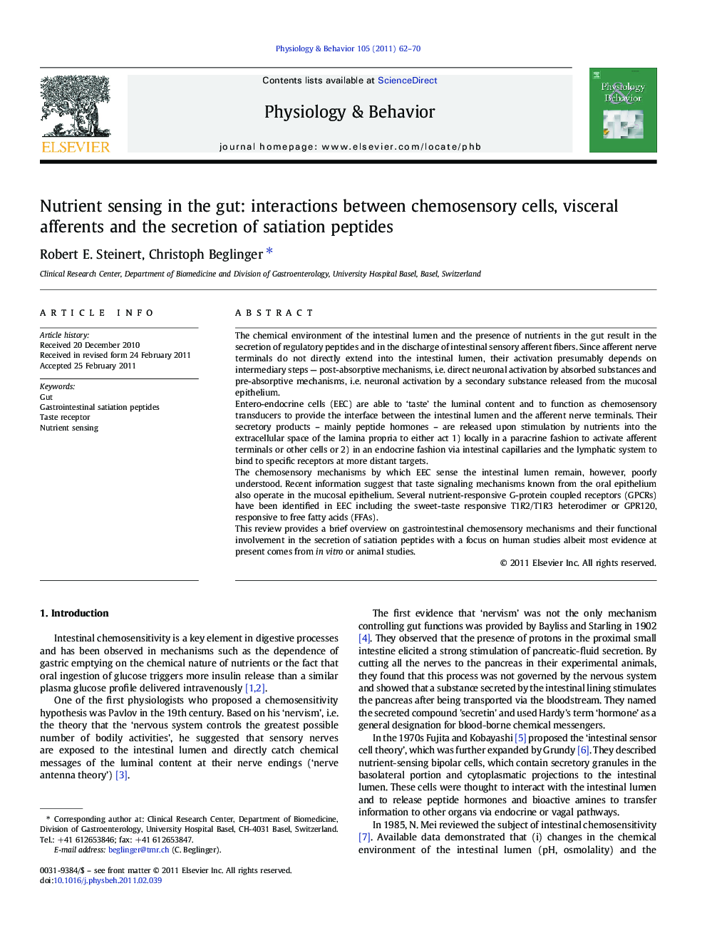 Nutrient sensing in the gut: interactions between chemosensory cells, visceral afferents and the secretion of satiation peptides