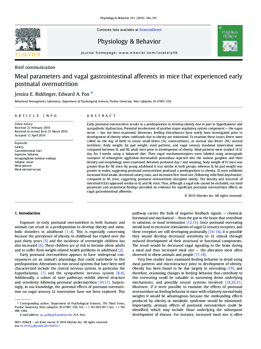 Meal parameters and vagal gastrointestinal afferents in mice that experienced early postnatal overnutrition