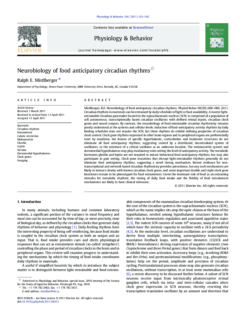 Neurobiology of food anticipatory circadian rhythms 