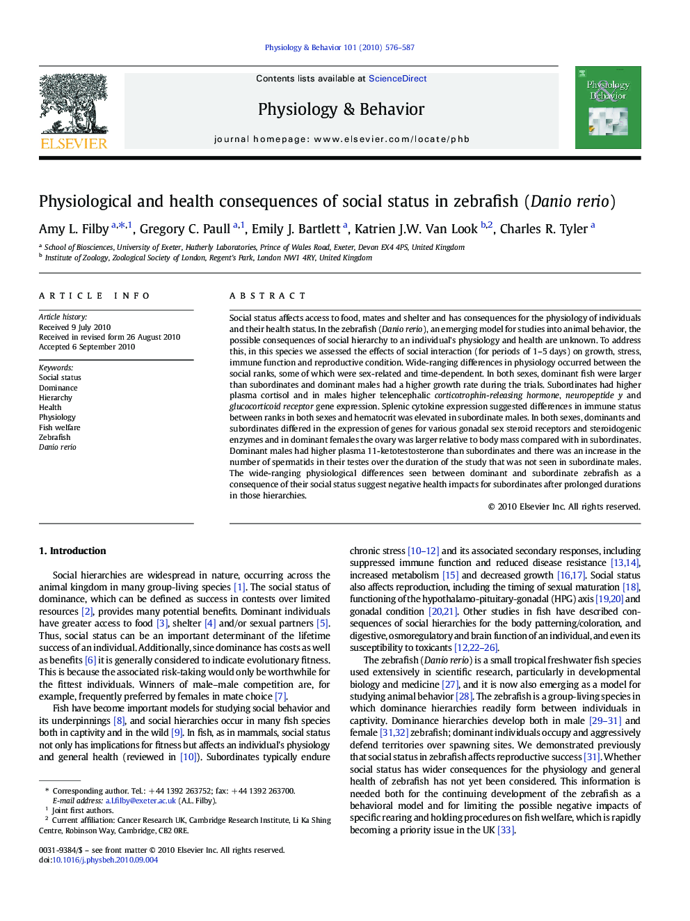 Physiological and health consequences of social status in zebrafish (Danio rerio)