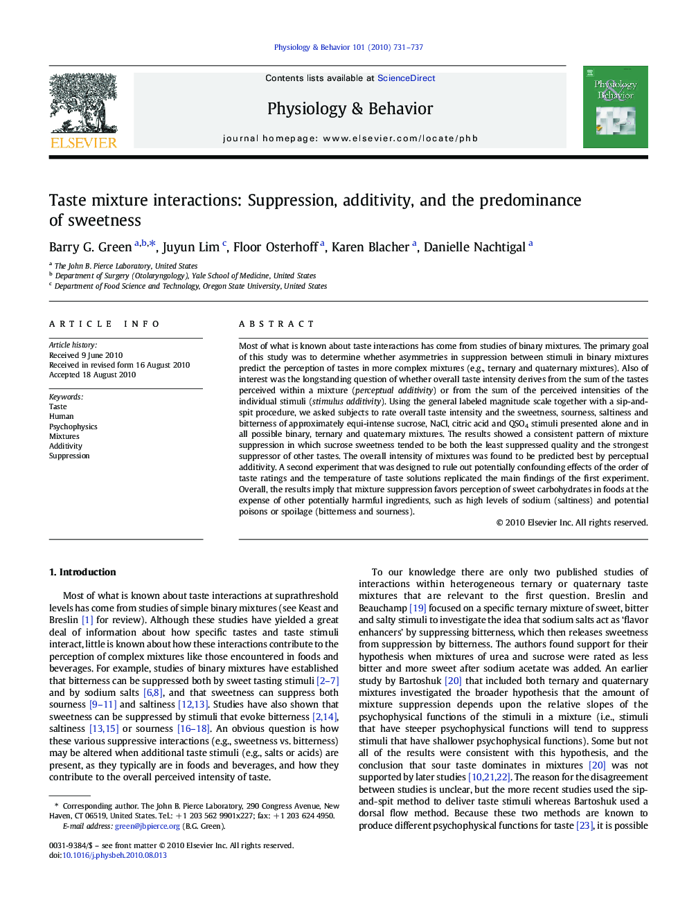 Taste mixture interactions: Suppression, additivity, and the predominance of sweetness