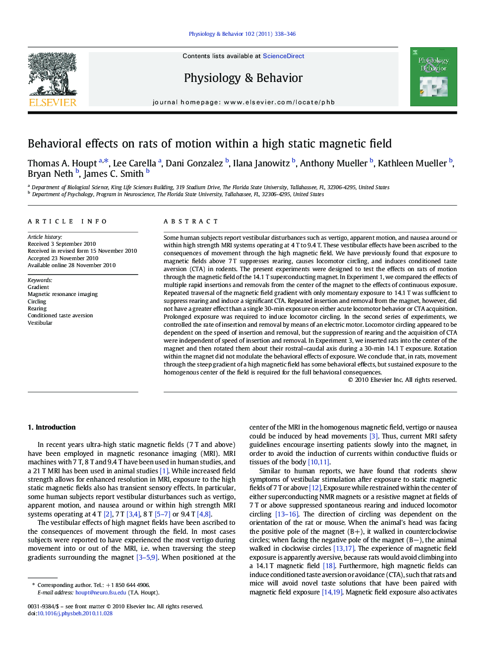 Behavioral effects on rats of motion within a high static magnetic field