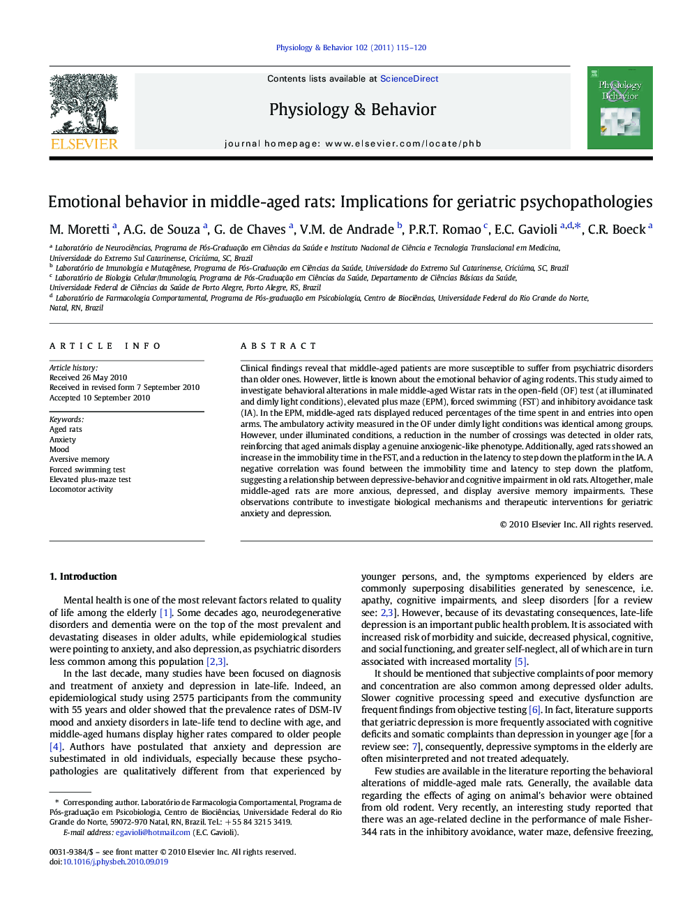 Emotional behavior in middle-aged rats: Implications for geriatric psychopathologies