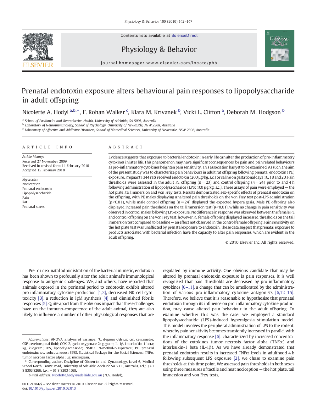 Prenatal endotoxin exposure alters behavioural pain responses to lipopolysaccharide in adult offspring