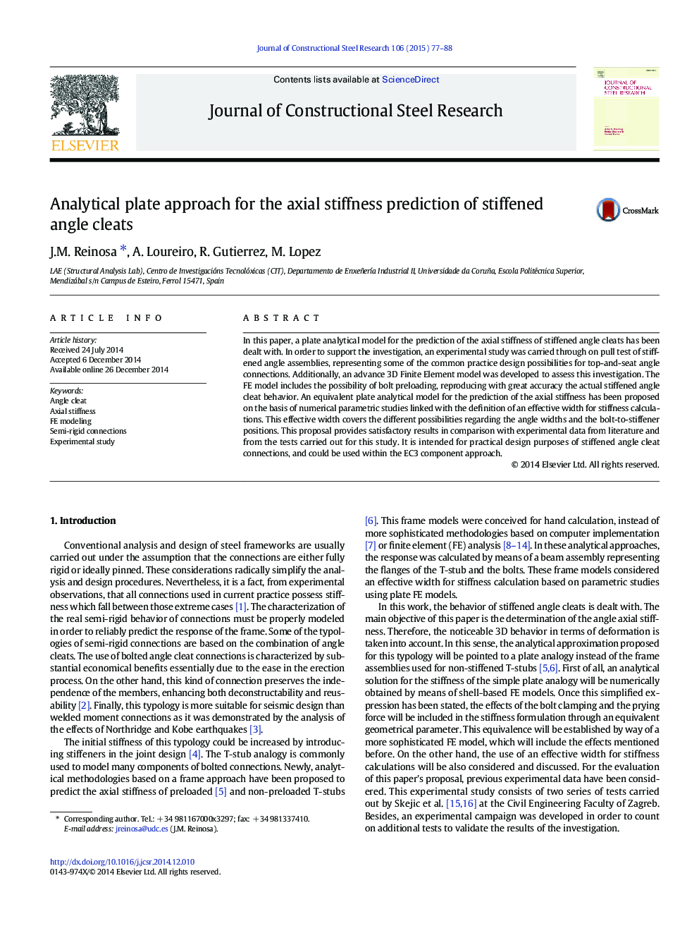 Analytical plate approach for the axial stiffness prediction of stiffened angle cleats