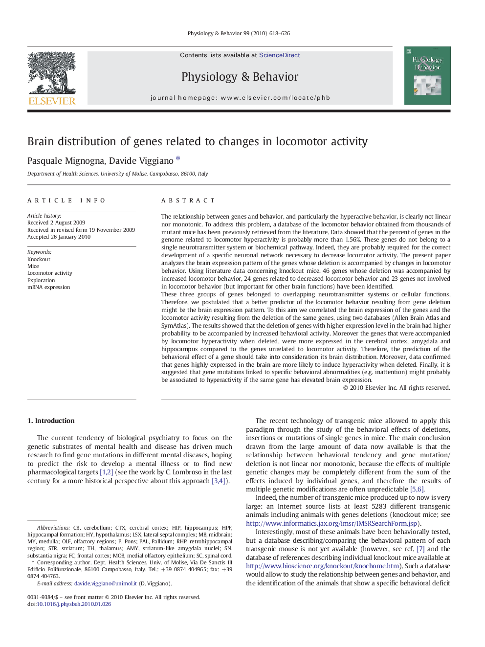 Brain distribution of genes related to changes in locomotor activity