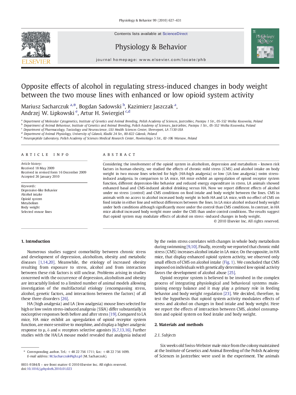 Opposite effects of alcohol in regulating stress-induced changes in body weight between the two mouse lines with enhanced or low opioid system activity