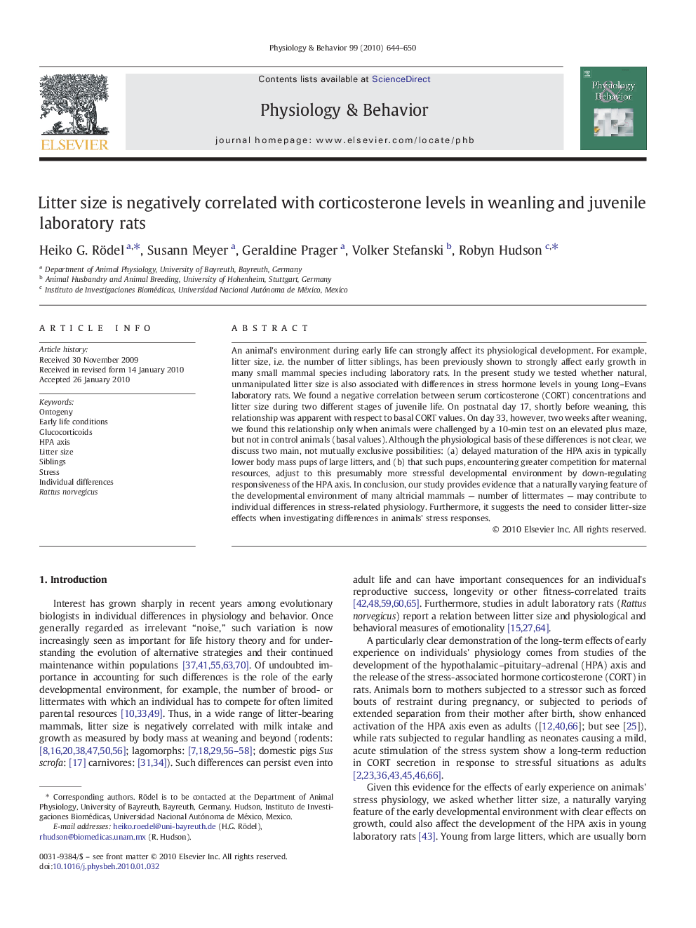 Litter size is negatively correlated with corticosterone levels in weanling and juvenile laboratory rats