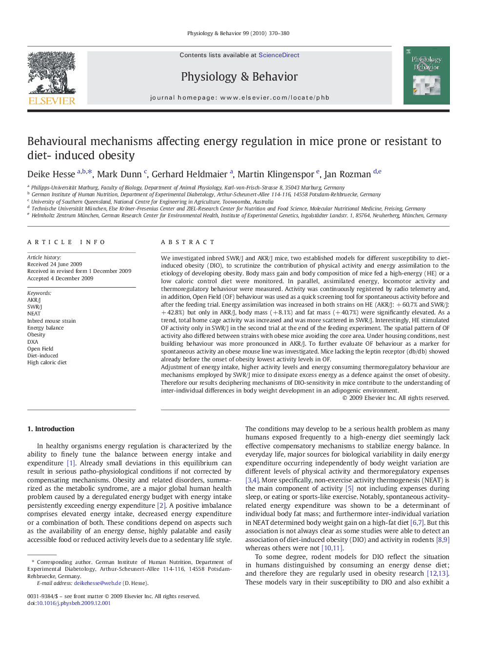 Behavioural mechanisms affecting energy regulation in mice prone or resistant to diet- induced obesity