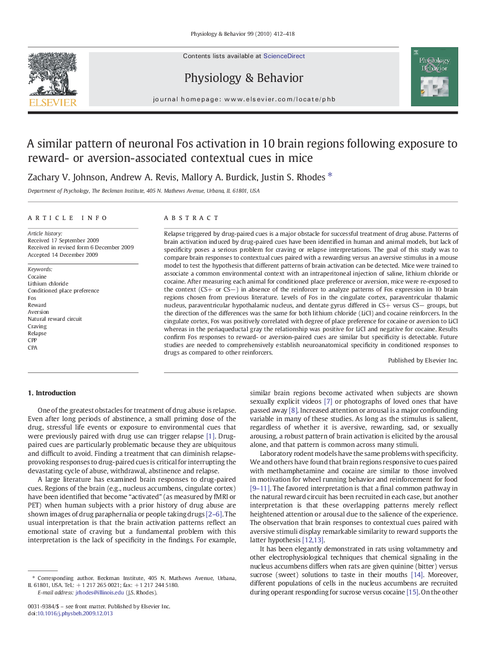 A similar pattern of neuronal Fos activation in 10 brain regions following exposure to reward- or aversion-associated contextual cues in mice