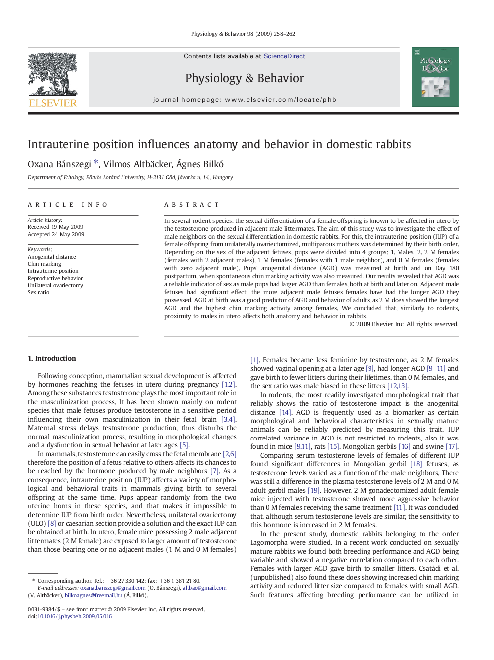 Intrauterine position influences anatomy and behavior in domestic rabbits