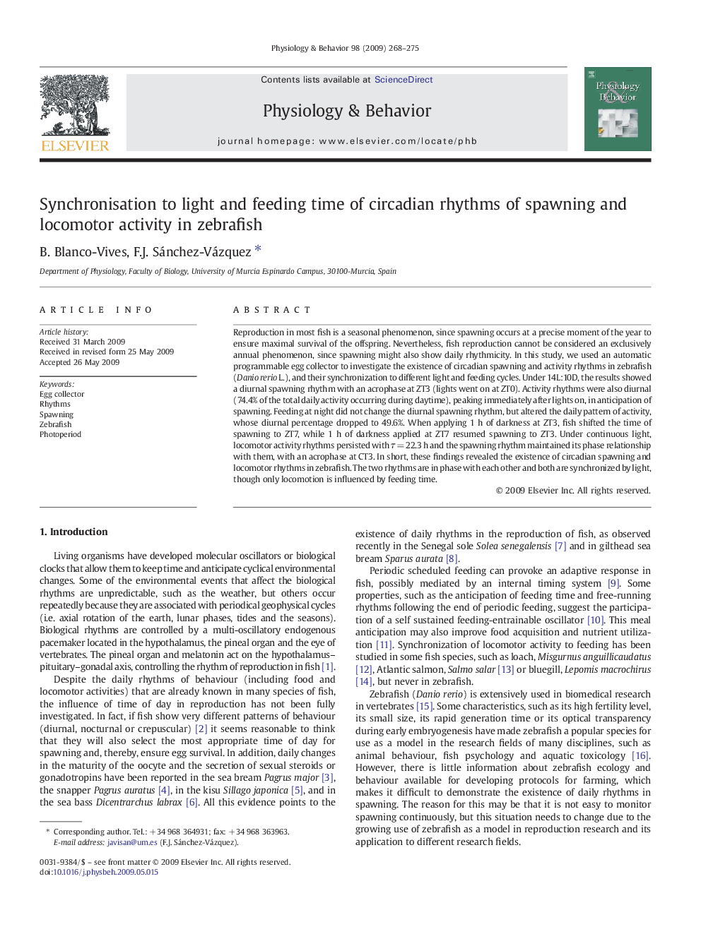 Synchronisation to light and feeding time of circadian rhythms of spawning and locomotor activity in zebrafish