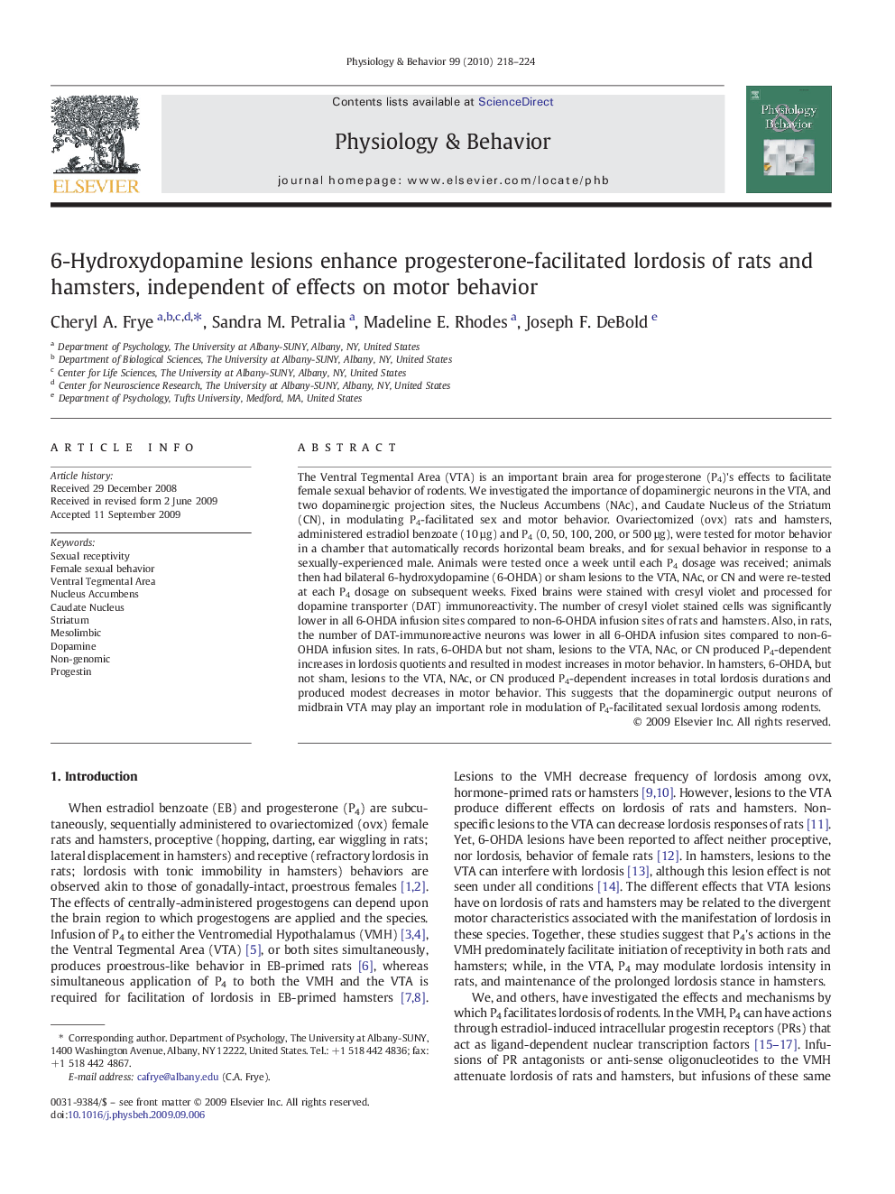 6-Hydroxydopamine lesions enhance progesterone-facilitated lordosis of rats and hamsters, independent of effects on motor behavior