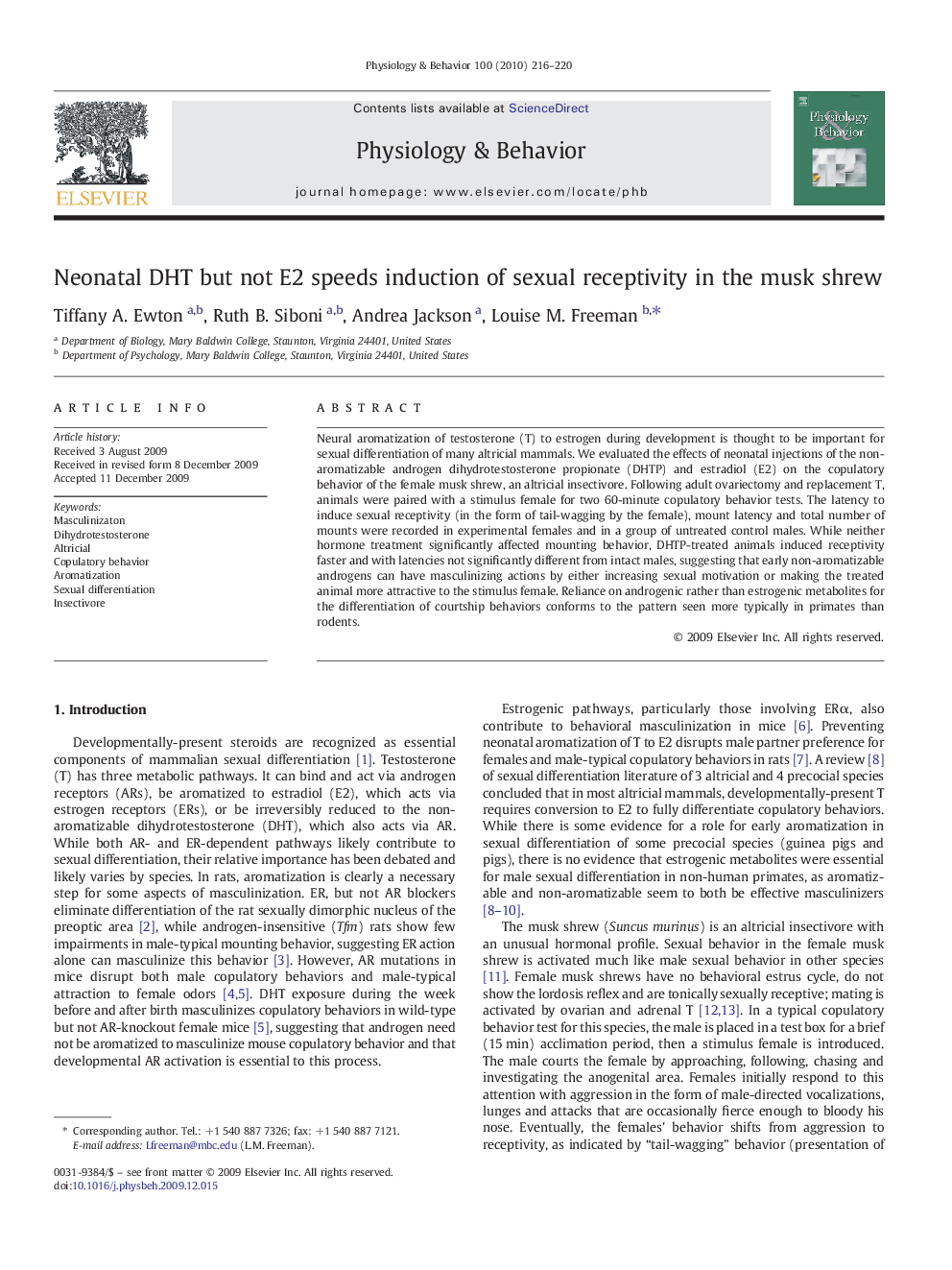 Neonatal DHT but not E2 speeds induction of sexual receptivity in the musk shrew