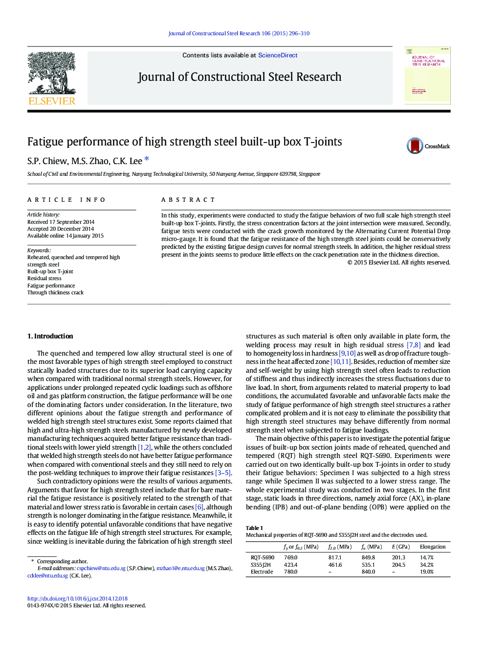 Fatigue performance of high strength steel built-up box T-joints