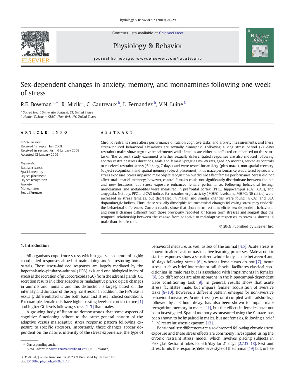 Sex-dependent changes in anxiety, memory, and monoamines following one week of stress