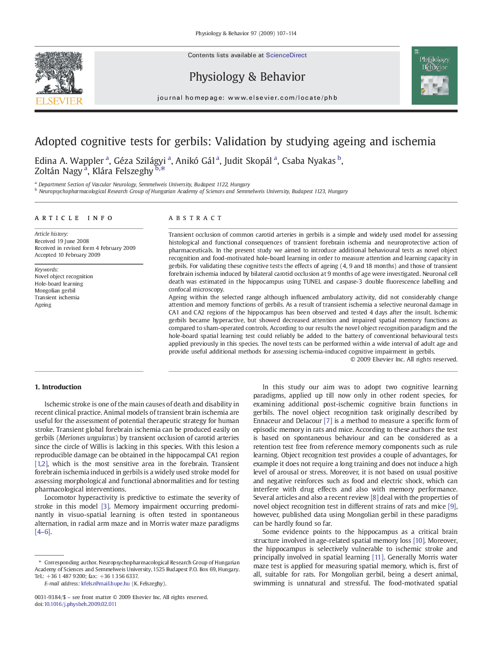 Adopted cognitive tests for gerbils: Validation by studying ageing and ischemia