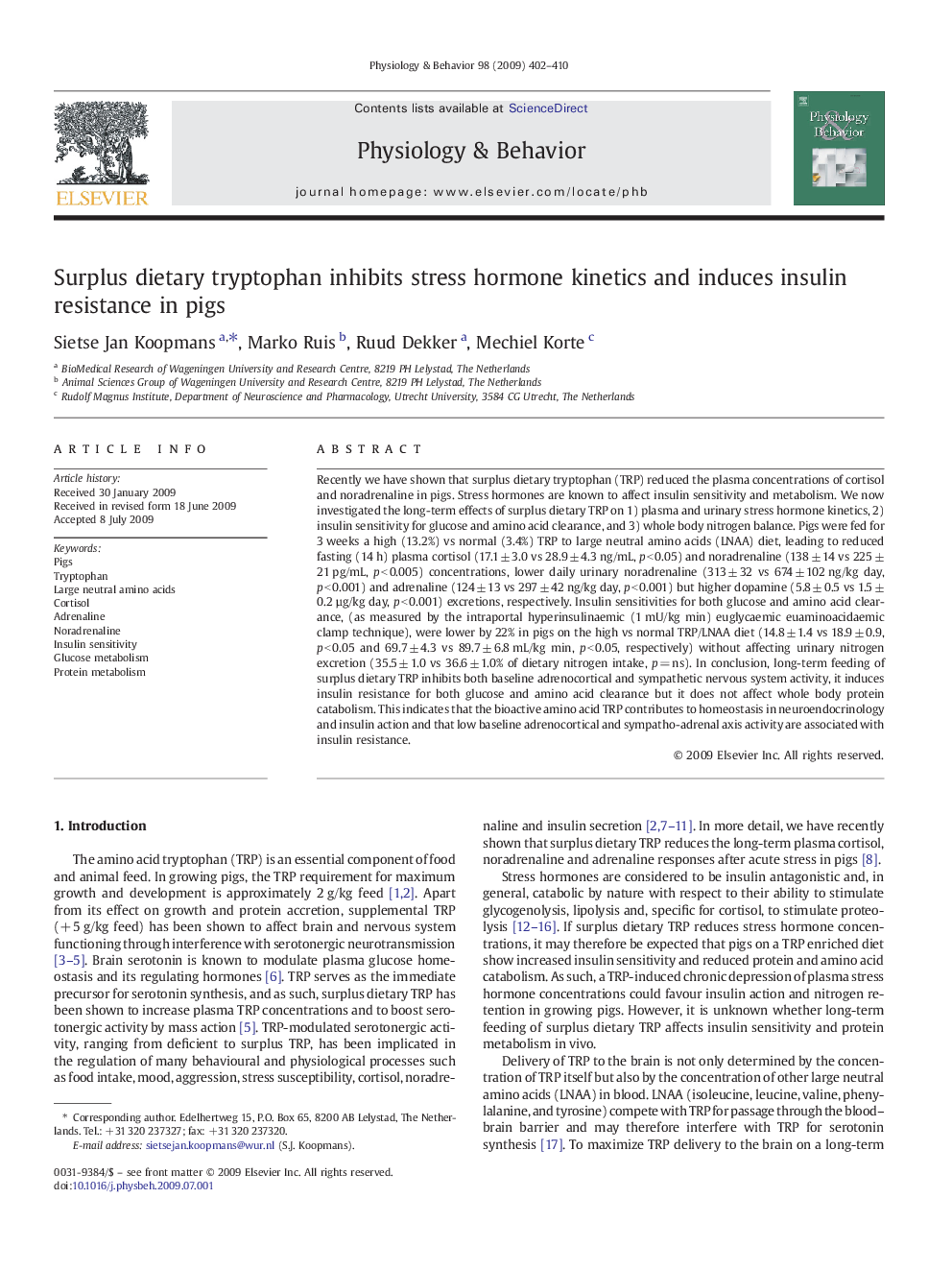 Surplus dietary tryptophan inhibits stress hormone kinetics and induces insulin resistance in pigs