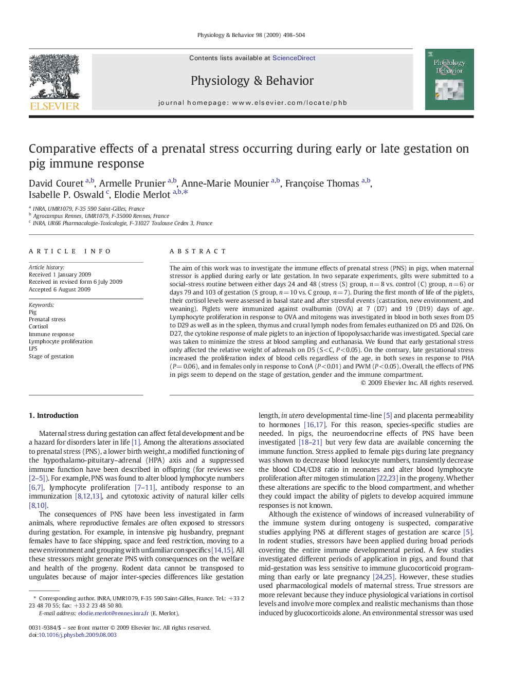 Comparative effects of a prenatal stress occurring during early or late gestation on pig immune response