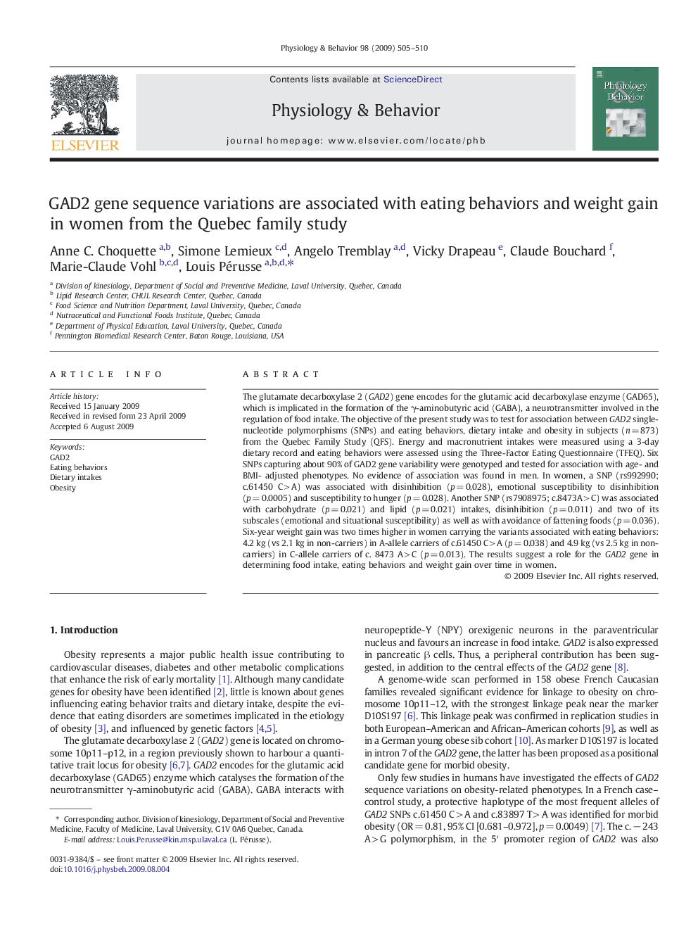 GAD2 gene sequence variations are associated with eating behaviors and weight gain in women from the Quebec family study