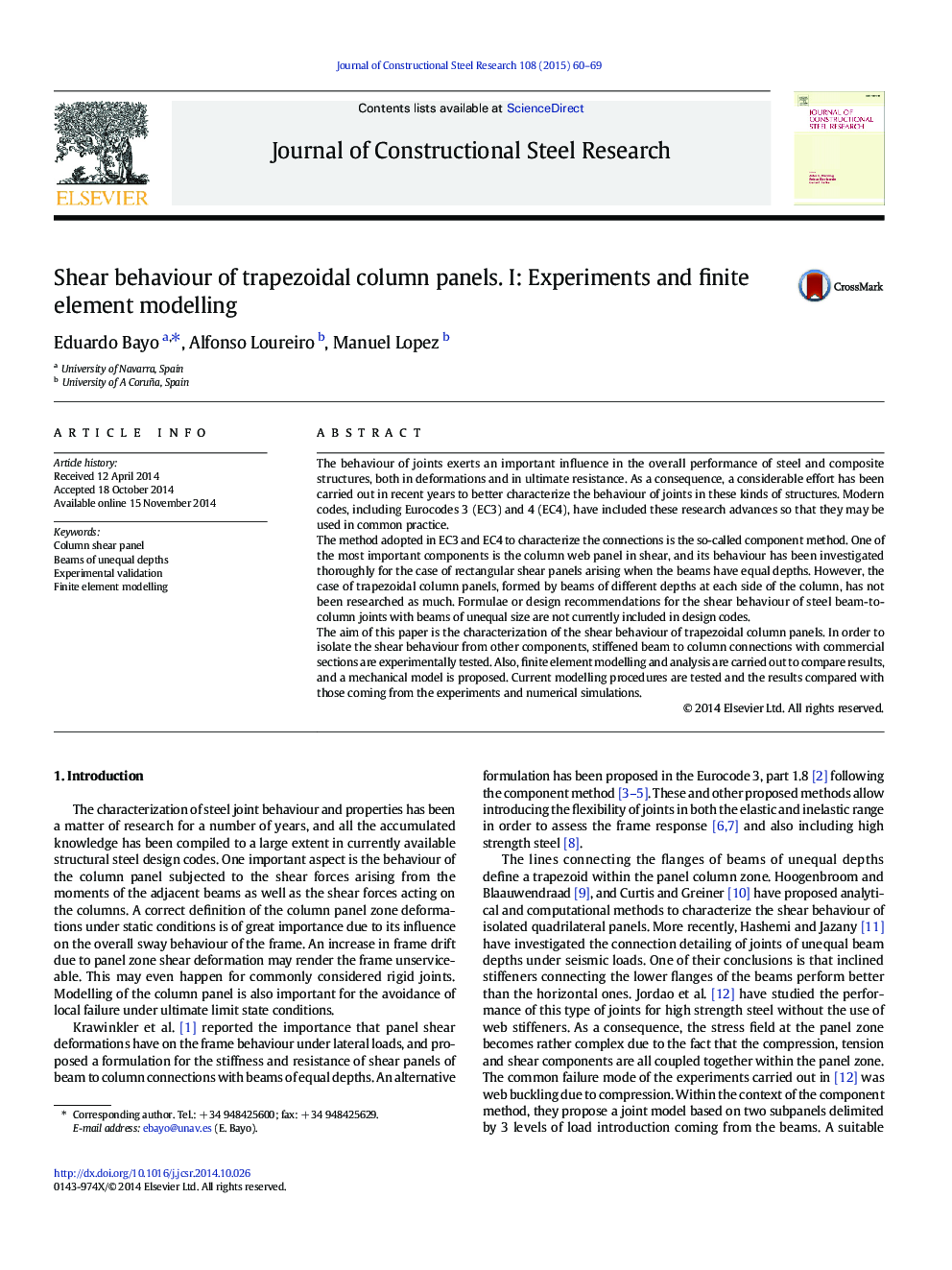 Shear behaviour of trapezoidal column panels. I: Experiments and finite element modelling