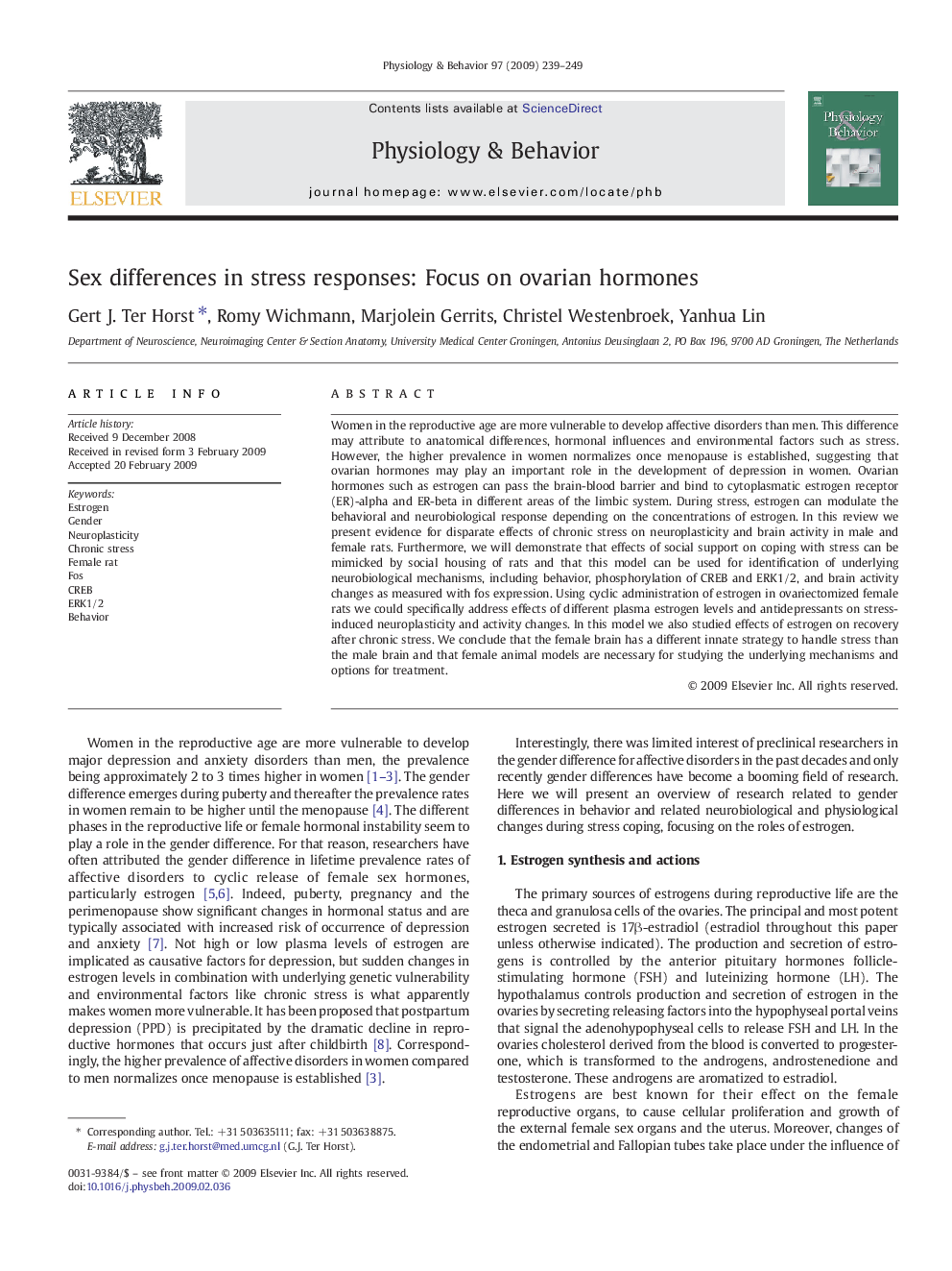 Sex differences in stress responses: Focus on ovarian hormones