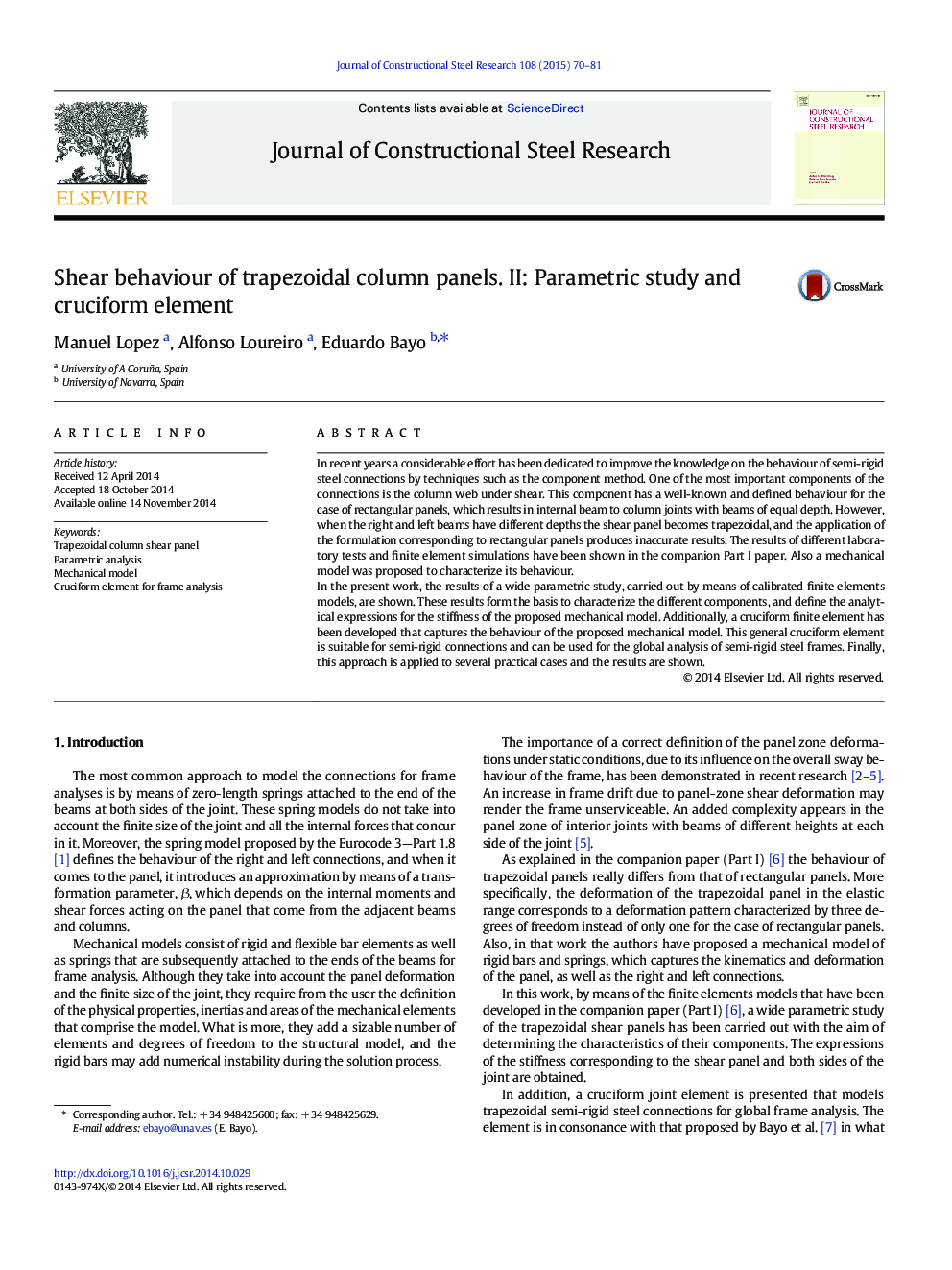 Shear behaviour of trapezoidal column panels. II: Parametric study and cruciform element