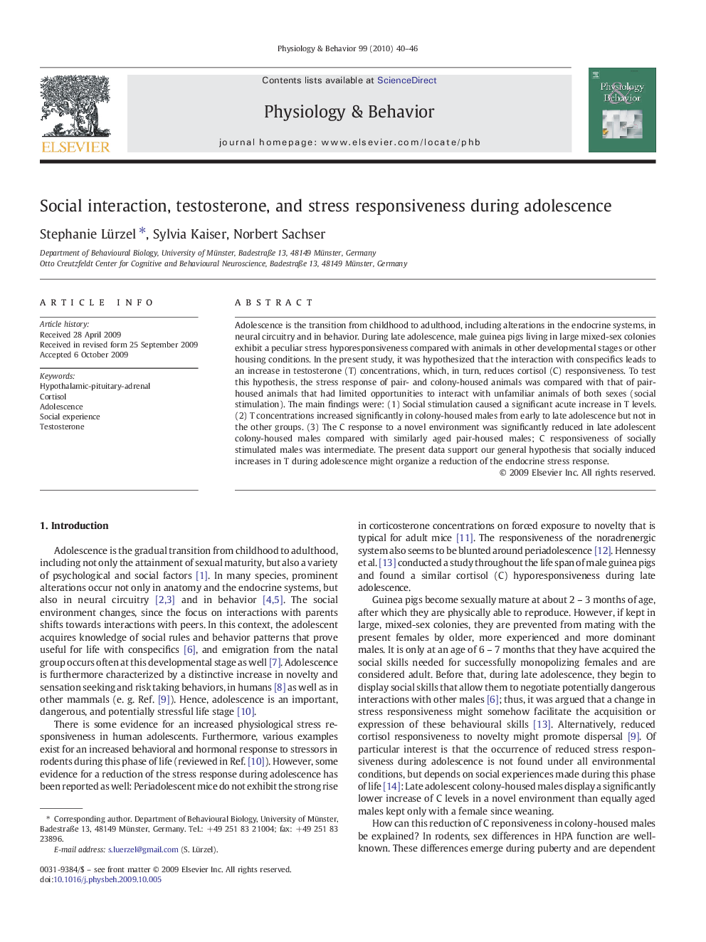 Social interaction, testosterone, and stress responsiveness during adolescence