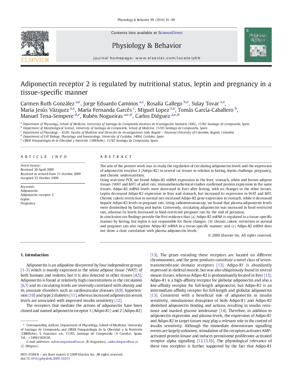 Adiponectin receptor 2 is regulated by nutritional status, leptin and pregnancy in a tissue-specific manner