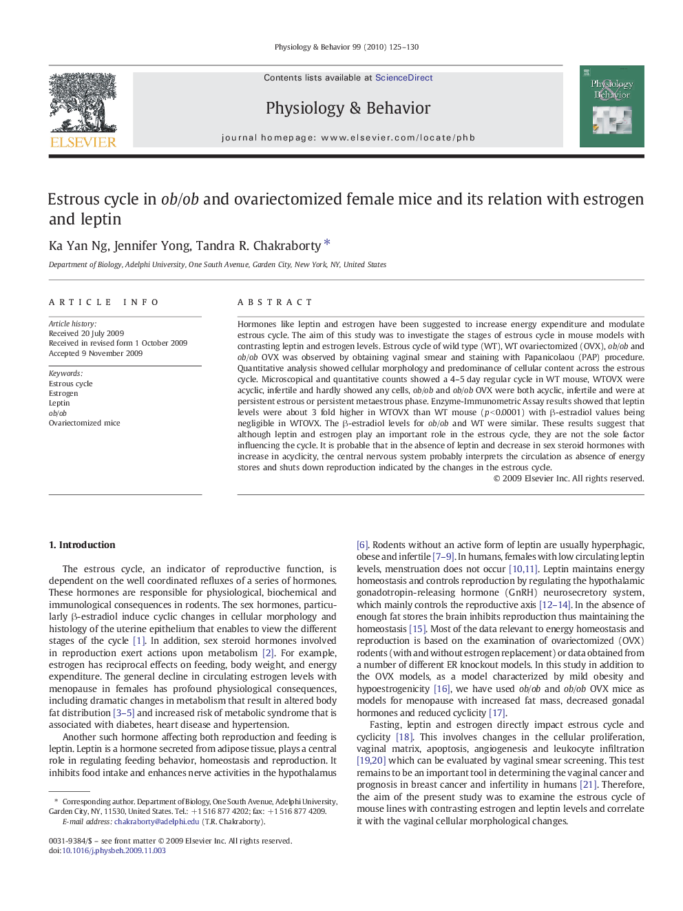 Estrous cycle in ob/ob and ovariectomized female mice and its relation with estrogen and leptin