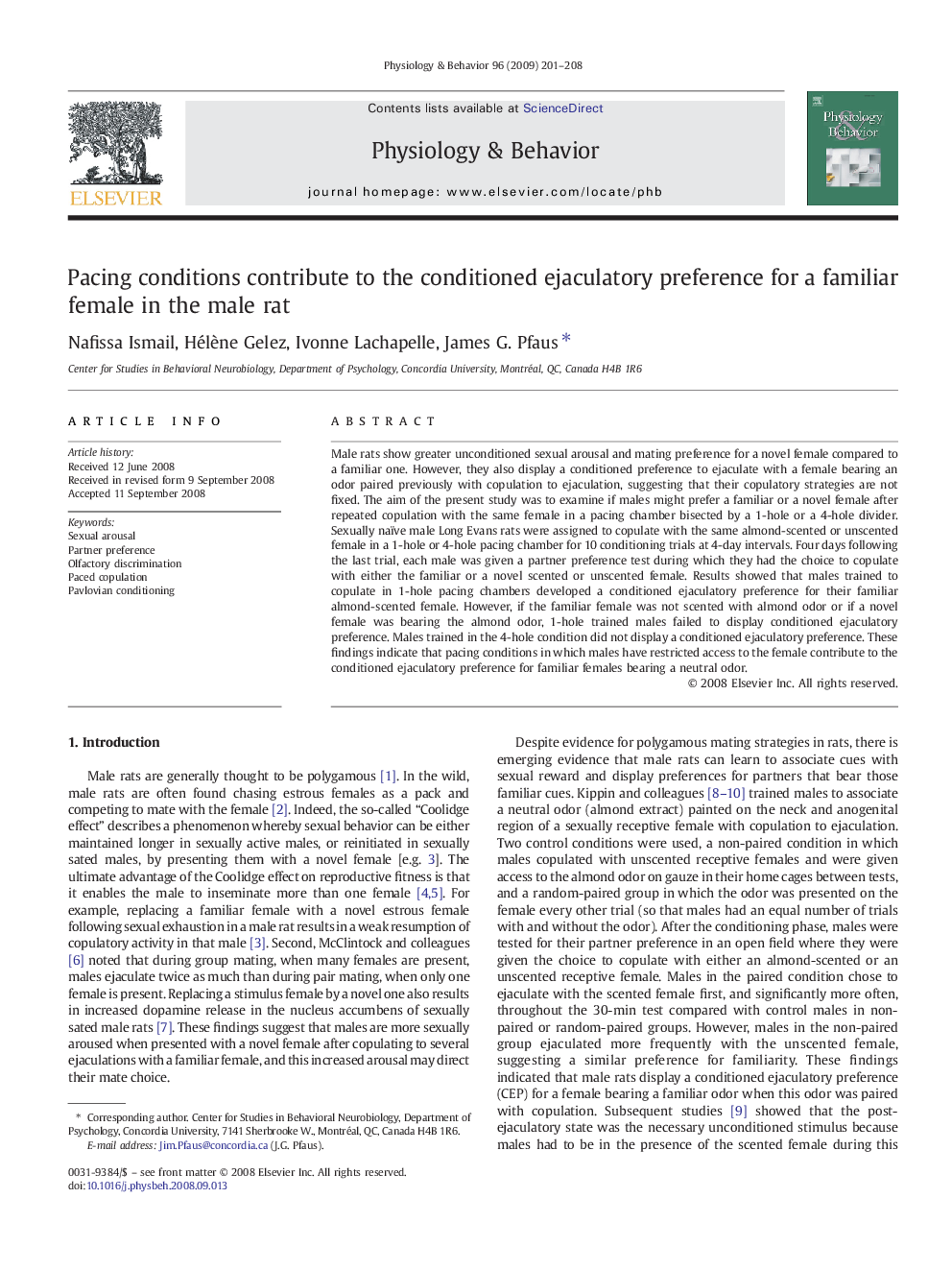 Pacing conditions contribute to the conditioned ejaculatory preference for a familiar female in the male rat