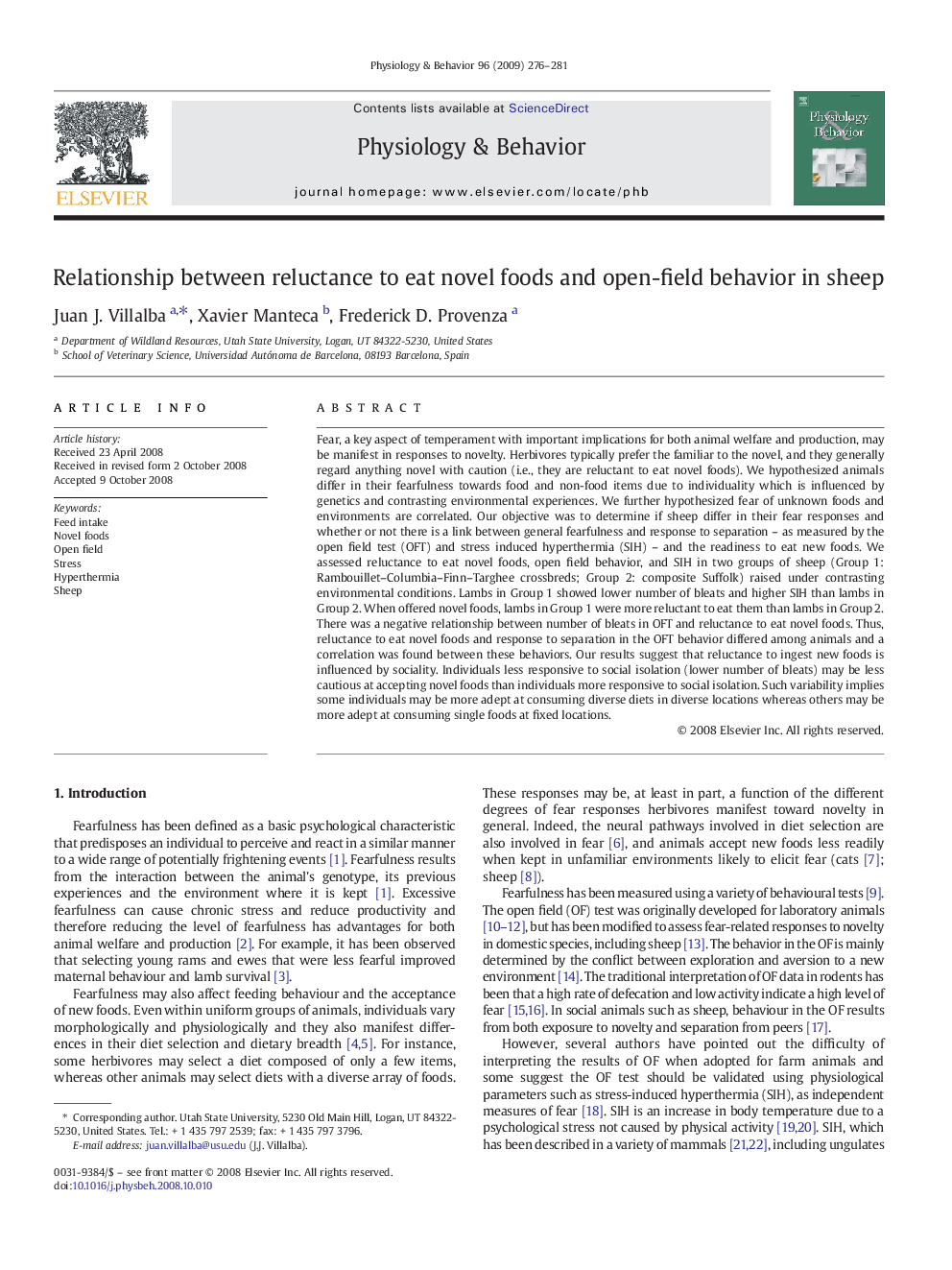 Relationship between reluctance to eat novel foods and open-field behavior in sheep