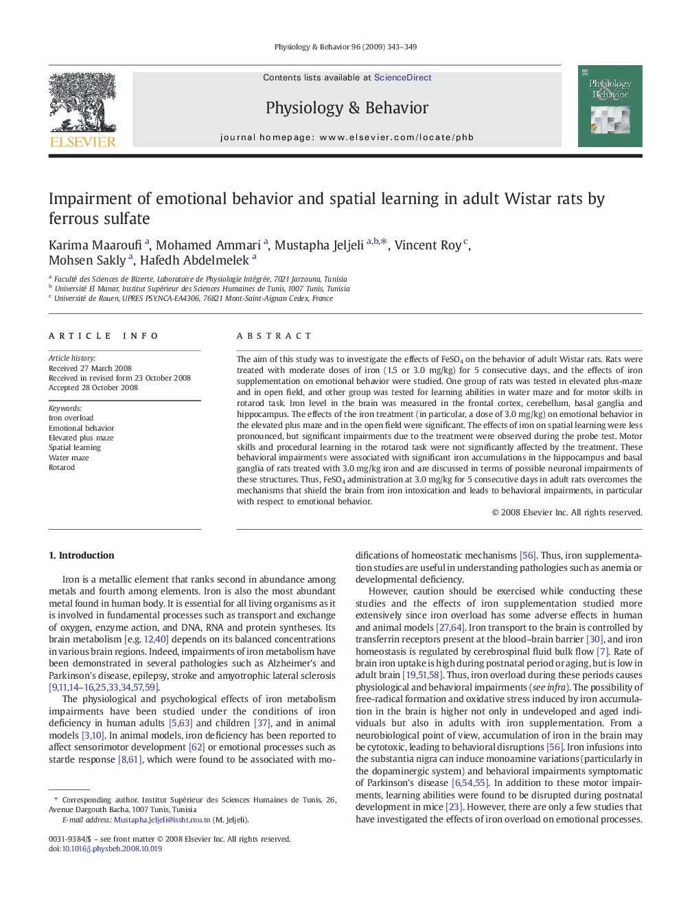 Impairment of emotional behavior and spatial learning in adult Wistar rats by ferrous sulfate