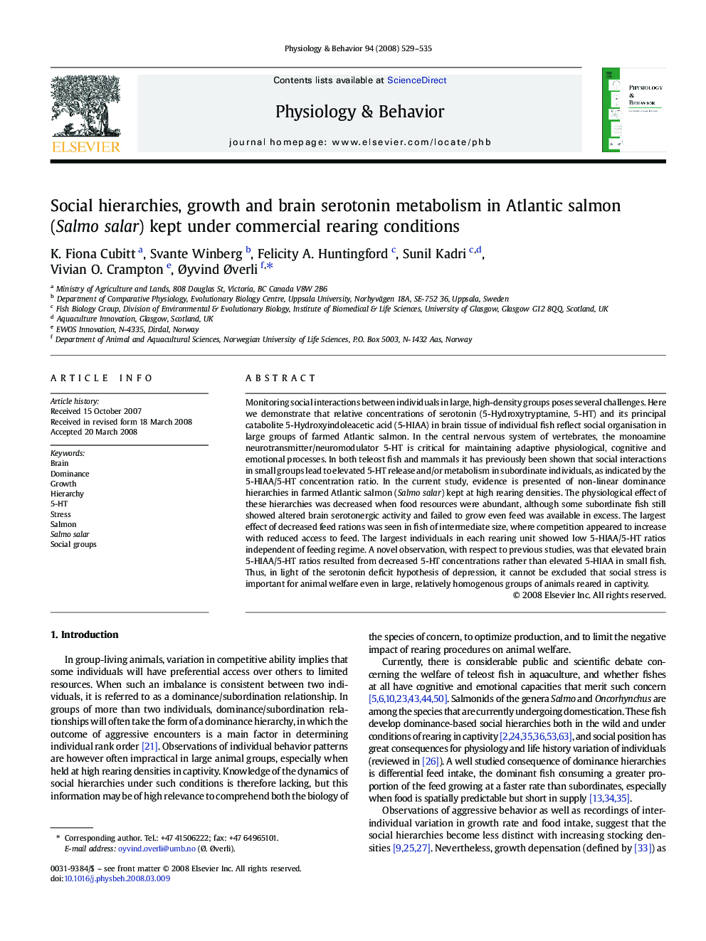 Social hierarchies, growth and brain serotonin metabolism in Atlantic salmon (Salmo salar) kept under commercial rearing conditions