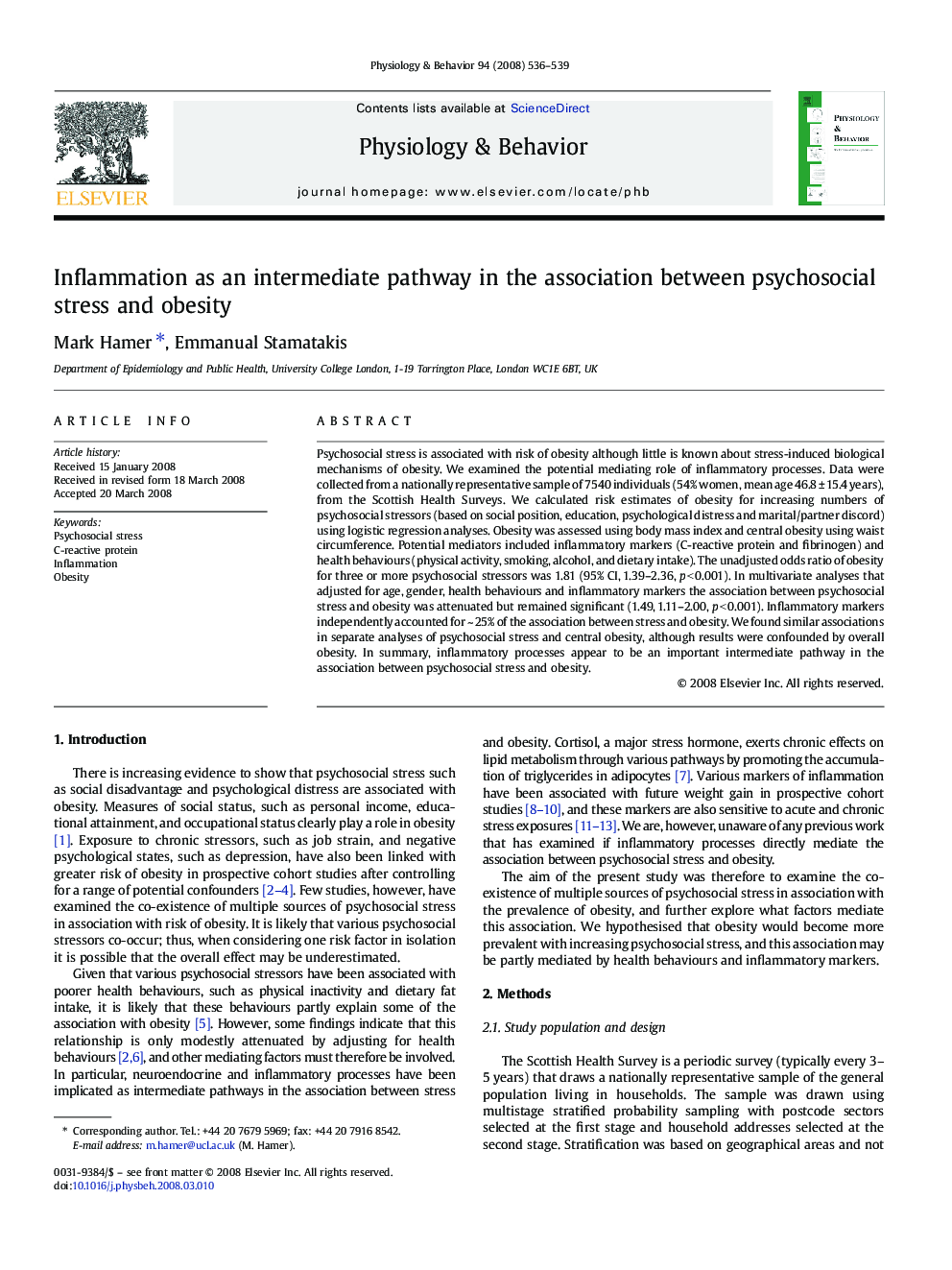 Inflammation as an intermediate pathway in the association between psychosocial stress and obesity