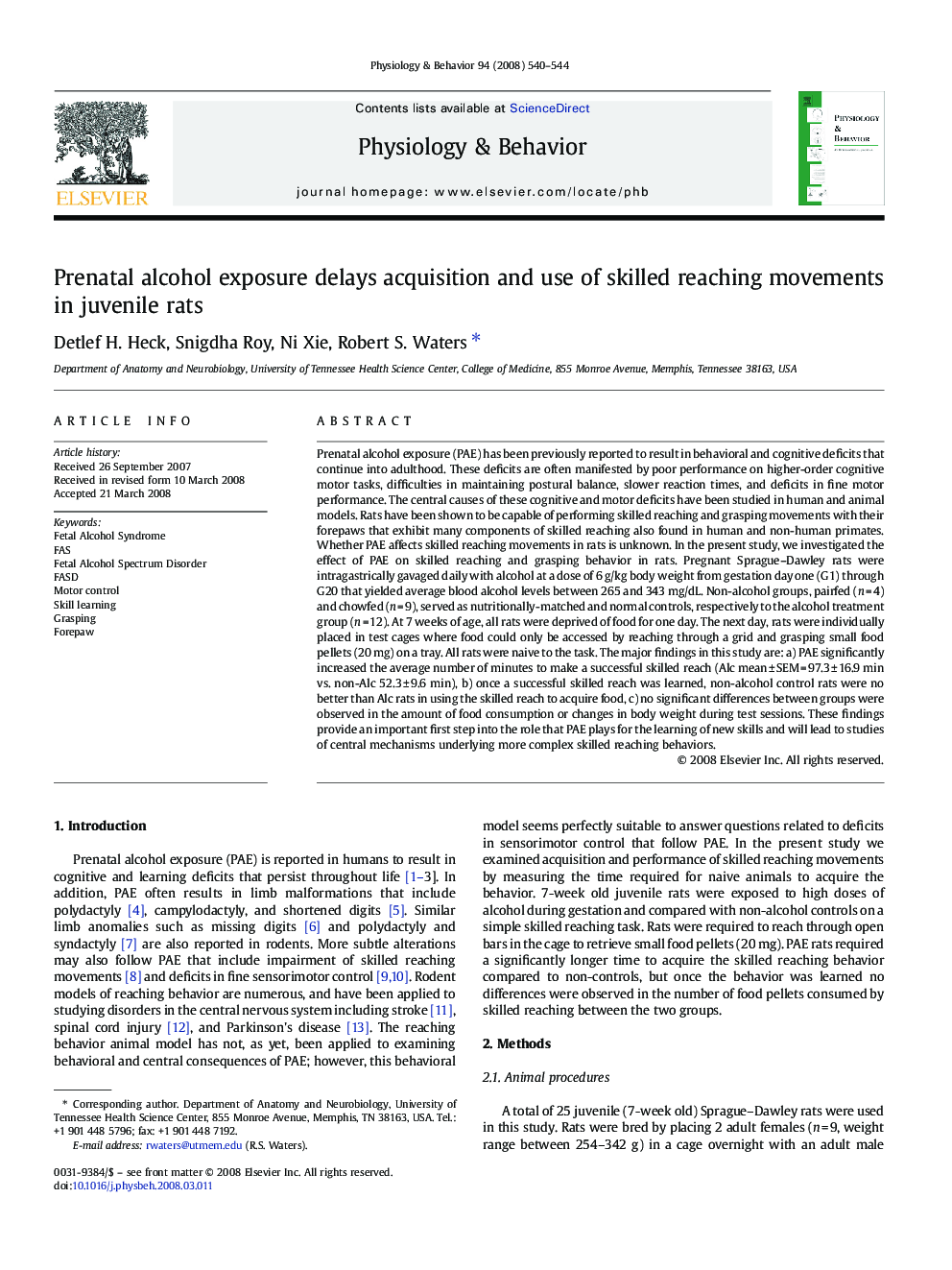 Prenatal alcohol exposure delays acquisition and use of skilled reaching movements in juvenile rats