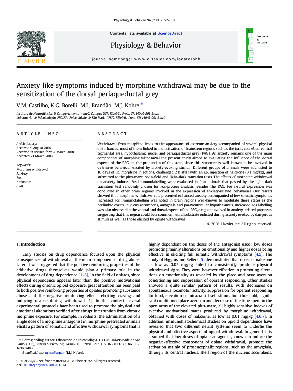 Anxiety-like symptoms induced by morphine withdrawal may be due to the sensitization of the dorsal periaqueductal grey