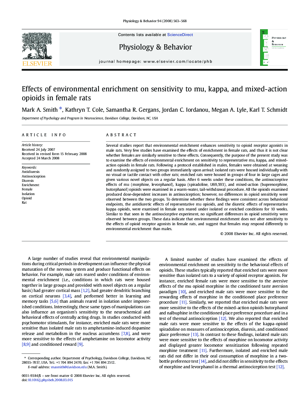 Effects of environmental enrichment on sensitivity to mu, kappa, and mixed-action opioids in female rats