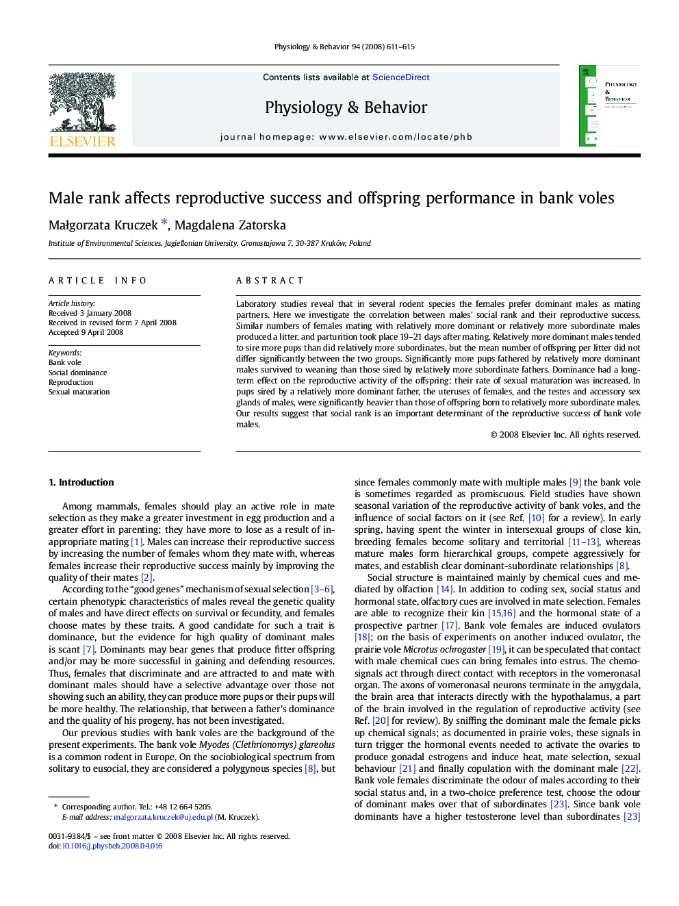 Male rank affects reproductive success and offspring performance in bank voles