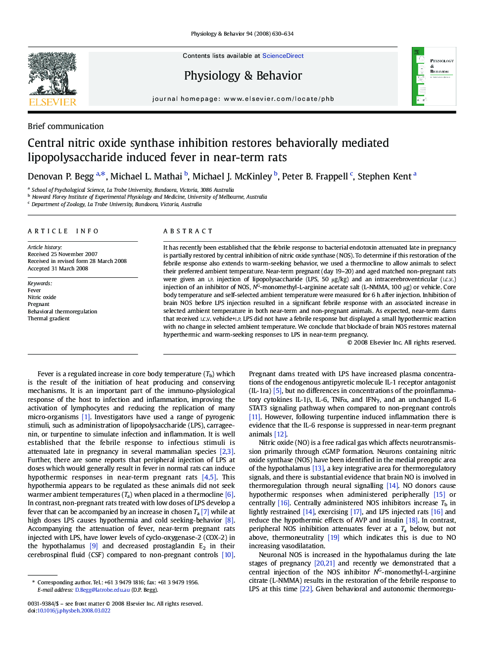 Central nitric oxide synthase inhibition restores behaviorally mediated lipopolysaccharide induced fever in near-term rats