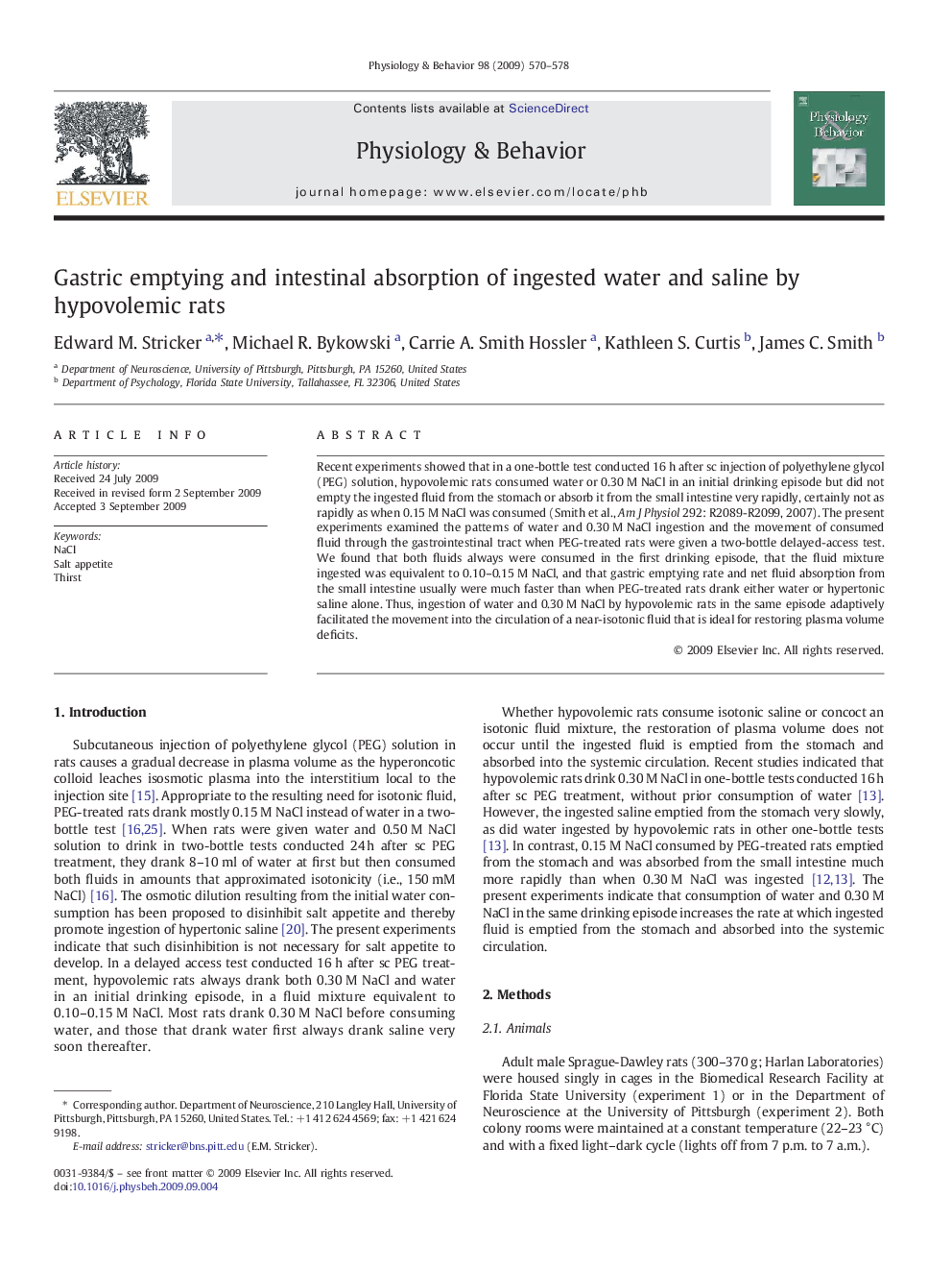 Gastric emptying and intestinal absorption of ingested water and saline by hypovolemic rats