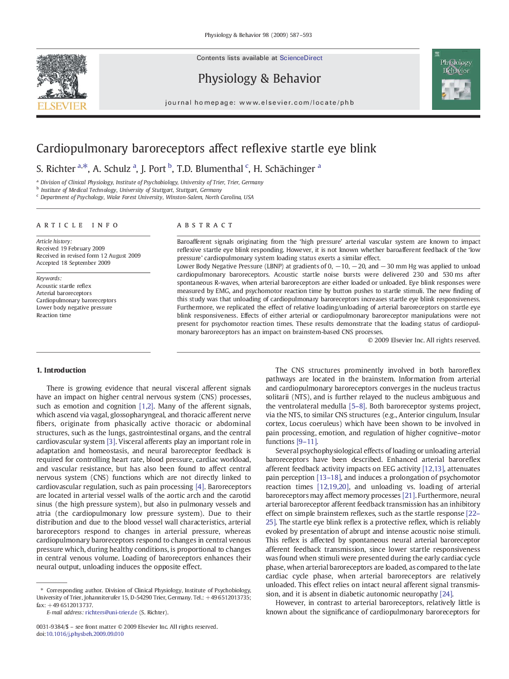 Cardiopulmonary baroreceptors affect reflexive startle eye blink