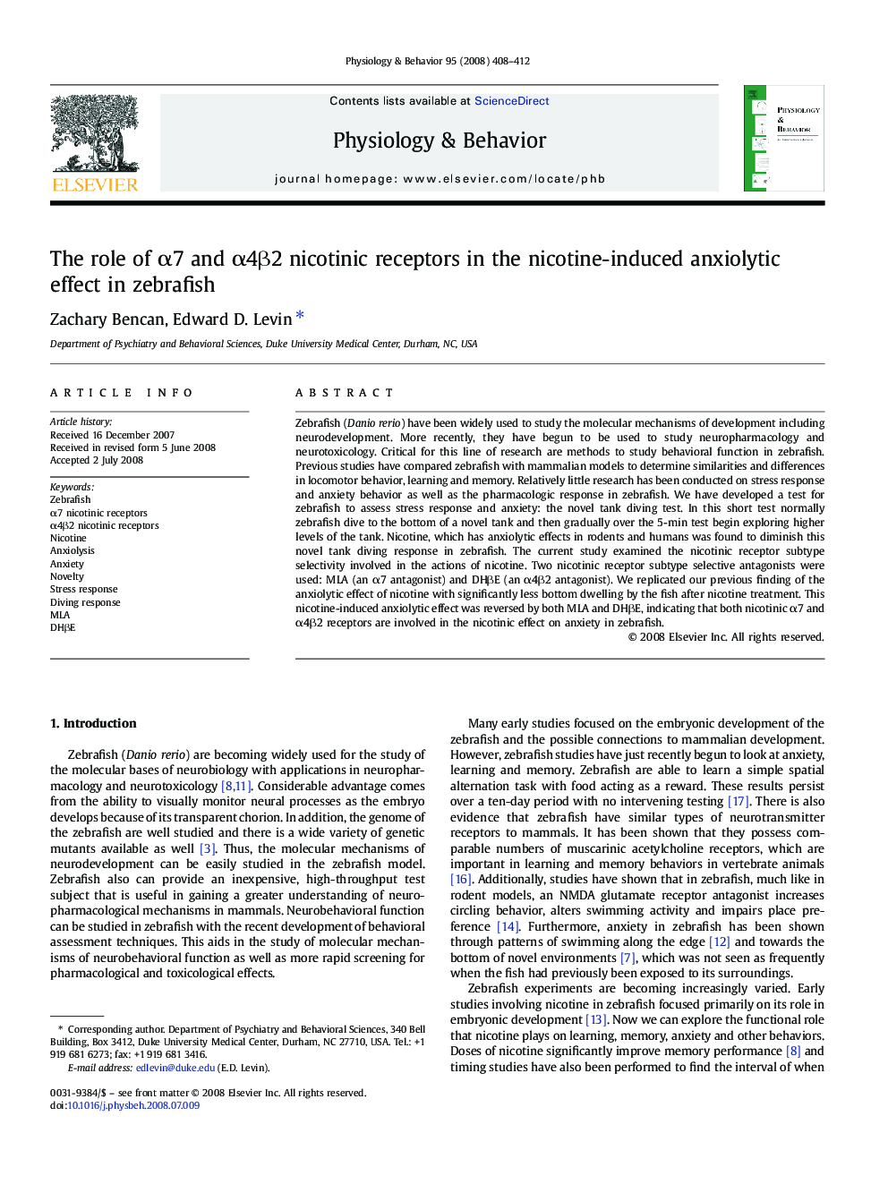 The role of α7 and α4β2 nicotinic receptors in the nicotine-induced anxiolytic effect in zebrafish