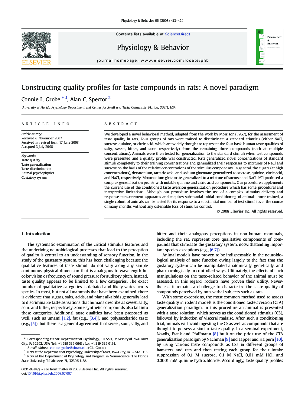 Constructing quality profiles for taste compounds in rats: A novel paradigm