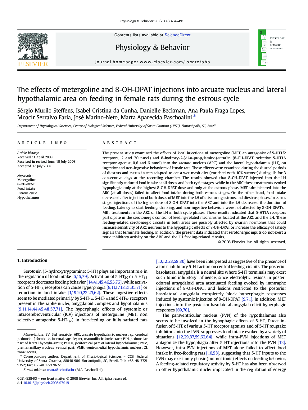 The effects of metergoline and 8-OH-DPAT injections into arcuate nucleus and lateral hypothalamic area on feeding in female rats during the estrous cycle