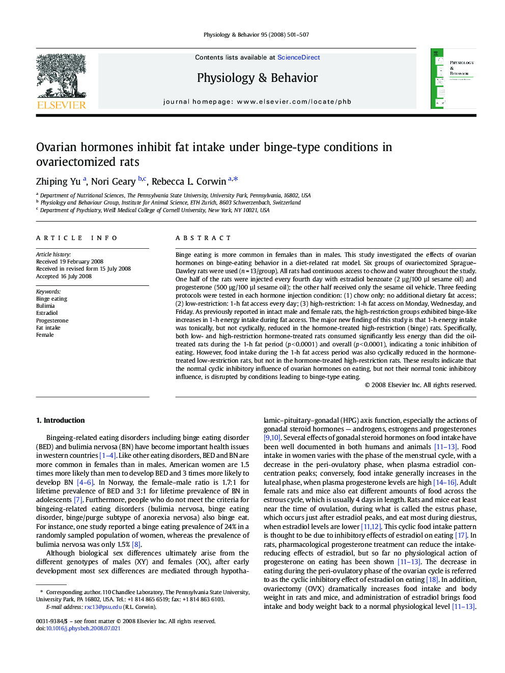عکس صفحه اول مقاله: Ovarian hormones inhibit fat intake under binge-type conditions in ovariectomized rats Ovarian hormones inhibit fat intake under binge-type conditions in ovariectomized rats